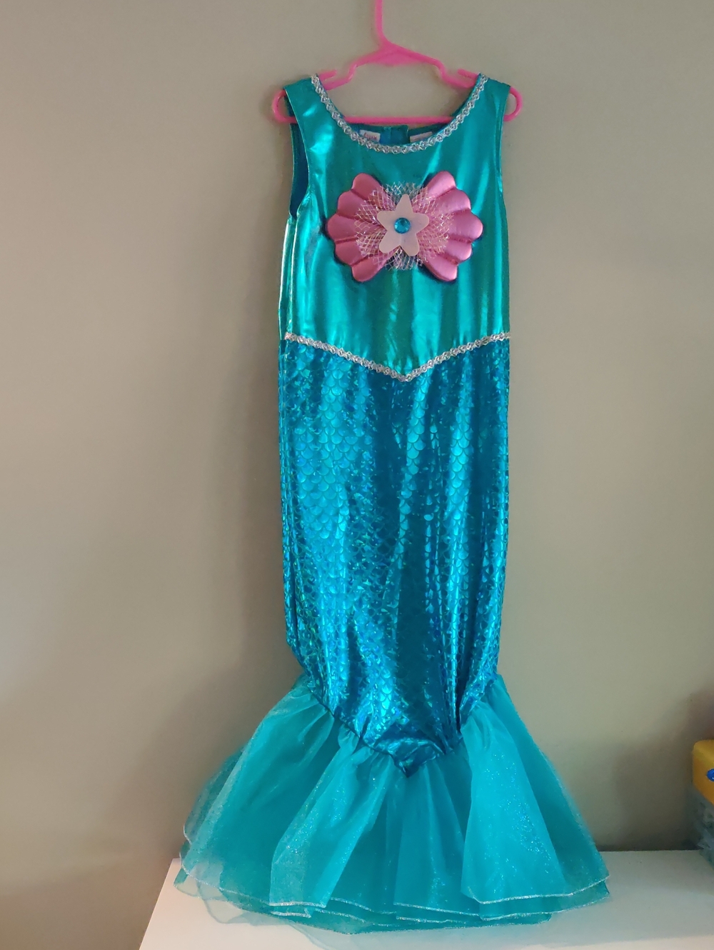 Kids Mermaid Costume Dress in Turquoise with Pink Shell Accent Size 7 - 8